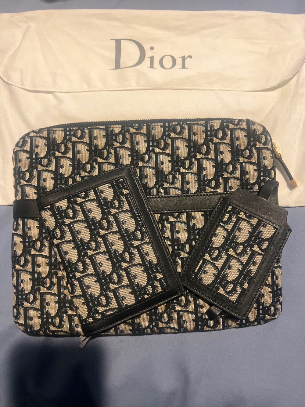 Dior Monogram Canvas Laptop Sleeve in Navy and Beige with Leather Trim